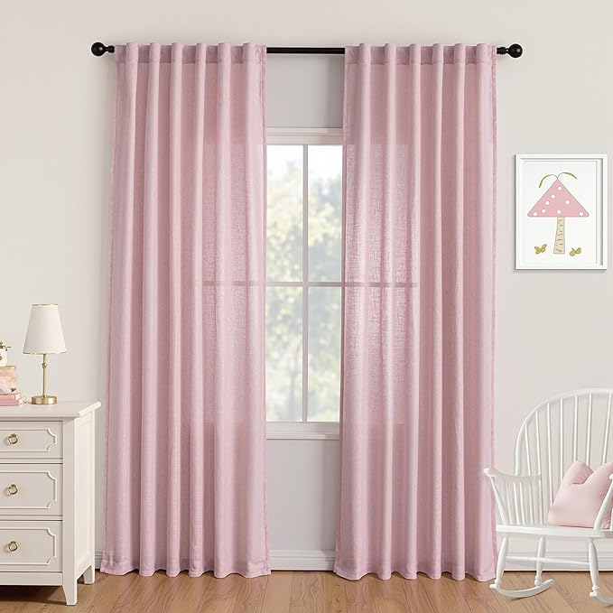 MYSKY HOME Pink Sheer Curtains for Girls Bedroom 84 Inches Long Girl Curtain Kids Nursery Window Drapes Living Room Semi Sheer Light Filtering Soft Home Decor Back Tab, 50" x 84", Light Pink, 2 Panels