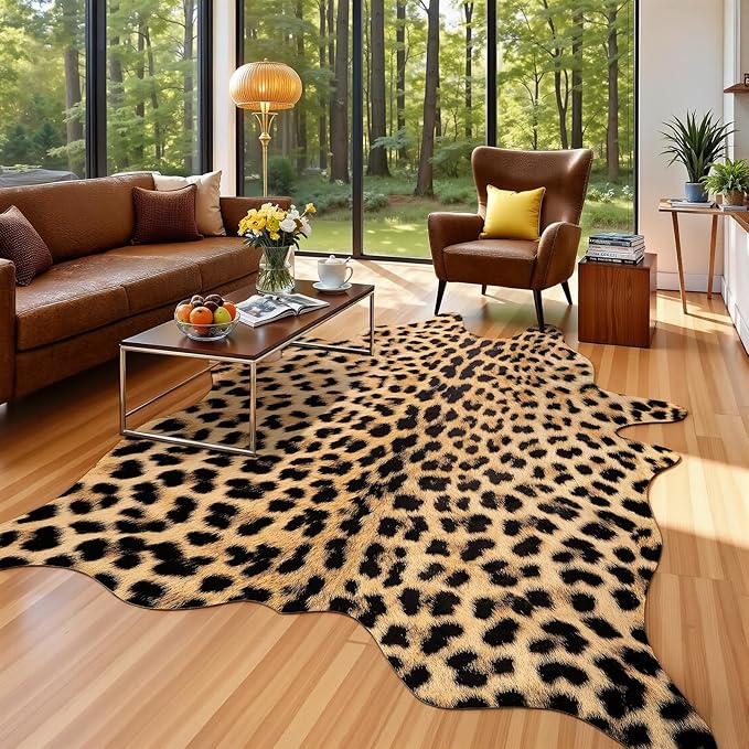 AROGAN Premium Leopard Print Rug 6.2x7 Feet, Machine Washable Faux Fur Cheetah Rug, Non-Slip Animal Print Hide Leopard Skin Area Rug for Bedroom Living Room Home Decor