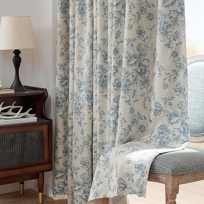 jinchan Blackout Floral Curtains for Living Room Bedroom Linen Blend Curtain Farmhouse Blue Printed with Lined Back Tab Rod Pocket Drapes Window Treatments 2 Panels 84 Inch