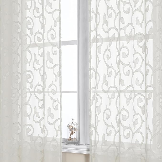 OWENIE Furman Sheer Ivory Curtains 84 inches Long for Bedroom Living Room 2 Panels Set, White Curtains Jacquard Clip Light Filtering Semi Sheer Curtain Rod Pocket Window Drapes, Each 52Wx84L inch