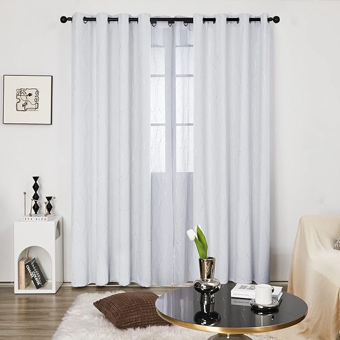 Deconovo Living Room Curtains, Room Darkening Drapes, Thermal Insulated Soundproof Grommet Drape, Silver Wave Dot Print, 52 x 108 Inch Long, Machine Washable Window Panels for Bedroom Office, Set of 2