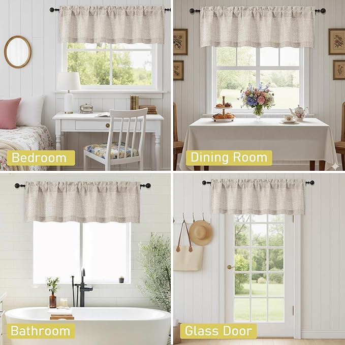 Linen Valances for Windows, Light Filtering Faux Linen Textured Small Short Valance Curtains for Bathroom Basement Farmhouse, Rod Pocket Top Half Curtains for Windows, 60Wx16L Inch