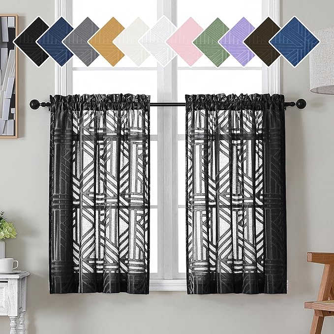 Simplebrand Black Sheer Kitchen Curtains 36 Inch Length Tier Curtains 2 Panels, Light Filtering Geometric Jacquard Clip Textured Semi Sheer Short Window Curtains for Bathroom, 42x36 inch
