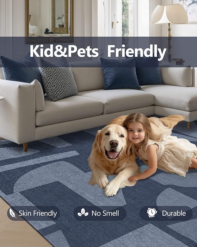 Latte&Fog 8x10 Area Rugs for Living Room, Large Modern Abstract Washable Rug, Boho Non Slip Low Pile Carpet for Indoor Bedroom Dining Room, Office, Dorm, Classroom, Farmhouse and Kids Room - Navy Blue