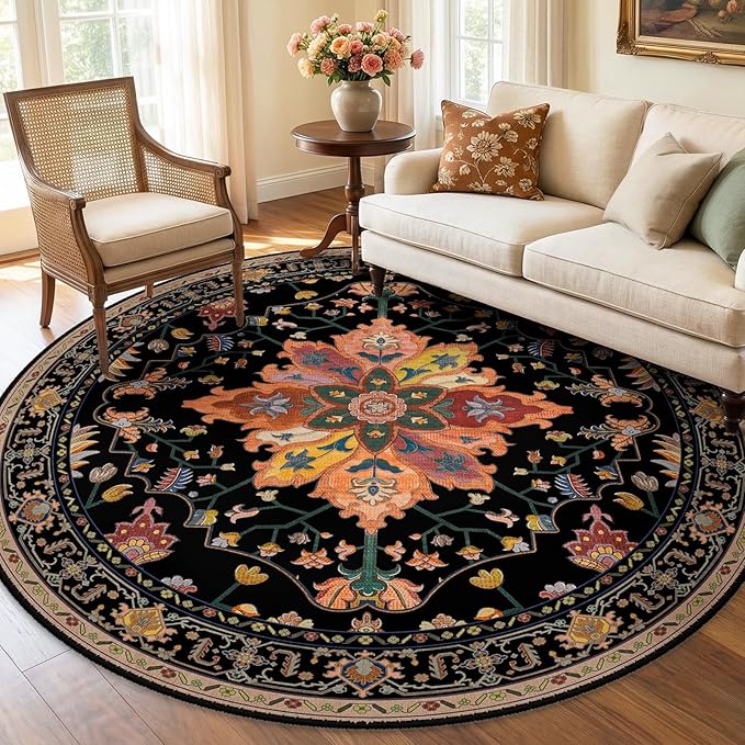 Area Rugs 6ft Washable Non-Slip, Floral Vintage Distress Print Pattern Medallion Carpet for Living Room Bedroom Dining Room, Black Colorful Floral Dark Tan