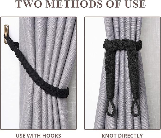 NICEEC 2 Pack Natural Cotton Rope Curtain Tiebacks Elegant Boho Style Decorative Drape Tie Backs Soft Hand-Woven Rope Curtain Holdbacks with Metal Hook for Home & Office Drapery (Black)