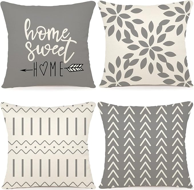 YCOLL Pillow Covers 20x20 Set of 4, Modern Sofa Throw Pillow Cover, Decorative Outdoor Linen Fabric Pillow Case for Couch Bed Car，Gray