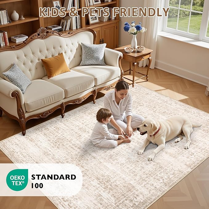 3x5 Area Rugs Living Room Rug: Washable Vintage Boho Rug No Slip Stain Resistant Soft Carpet Indoor Floor Floral Large Carpets for Bedroom Dining Room Farmhouse Nursery Home Office Beige