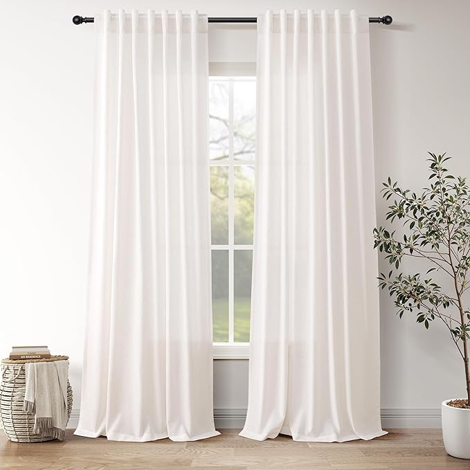 Ivory White Linen Curtains 102 Inches Long for Living Room 2 Panels Back Tab Pocket Natural Semi Sheer Extra Long Drapes Linen Soft Material Light Filtering Window Panel for Bedroom Curtain 52X102