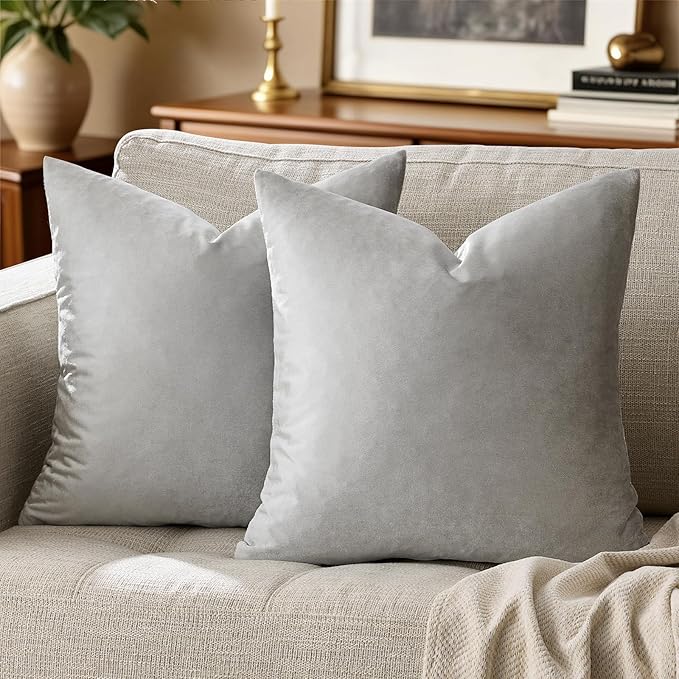 GIGIZAZA 16x16 Square Velvet Small Pillow Covers Set of 2 Silver Grey Throw Pillow Covers Modern Decorative Pillows for Living Room Couch Luxury Pillow Cases