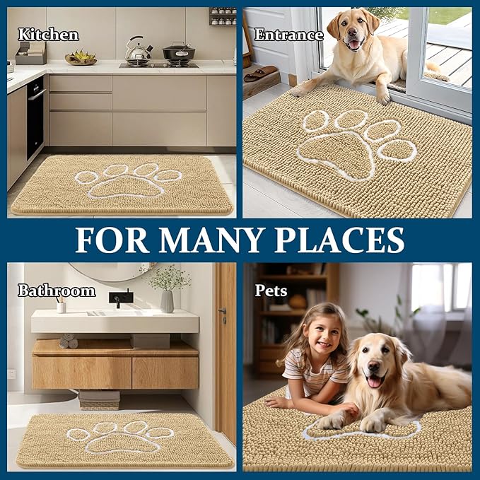 OLANLY Dog Door Mat for Muddy Paws 47x17, Paw Print Design, Absorbs Moisture and Dirt, Absorbent Non-Slip Washable Doormat, Quick Dry Chenille Mud Mat for Dogs, Entry Indoor Entryway Carpet, Beige