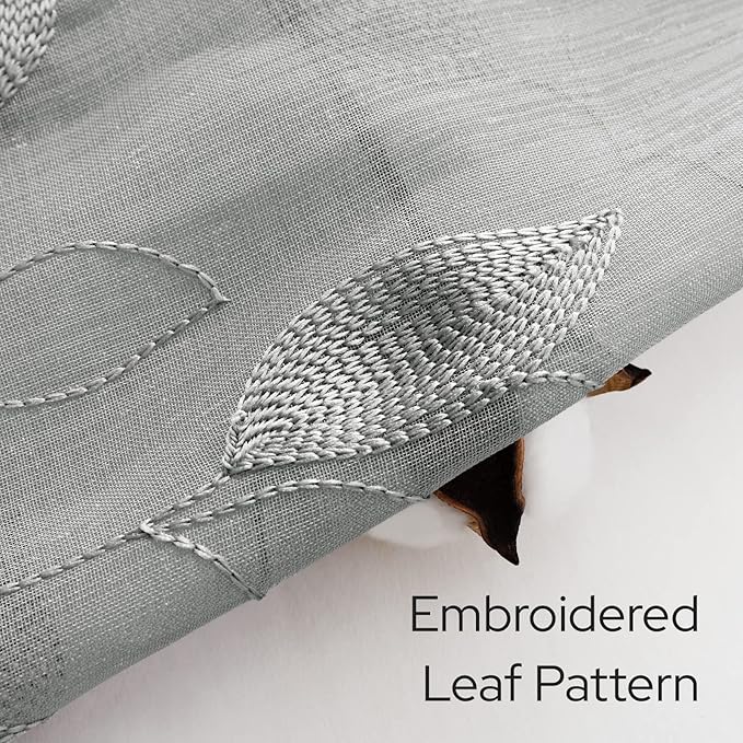 HOMEIDEAS Grey Sheer Kitchen Curtains 30 X 24 Inch Length 2 Panels Embroidered Leaf Pattern Short Curtains for Small Window Valance Tiers