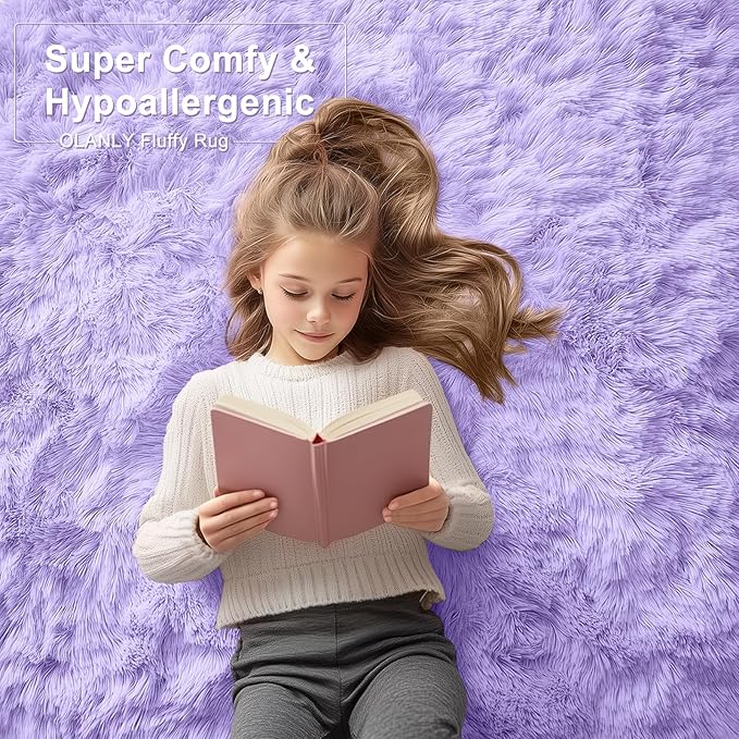 OLANLY 8x10 Machine Washable Large Area Rugs for Living Room, Bedroom, Soft Fluffy Shaggy Bedside Rug, Indoor Floor Carpet for Kids Girls and Boys, Dorms, Nursery, Home Decor Aesthetic, Light Purple