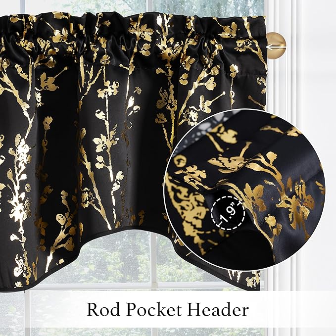 NICETOWN Blackout Kitchen Valances for Windows, Black Floral Scalloped Decor for Living Room Bathroom, Gold Foil Flower Shadow Printed Drapes 18 Inch Length with Rod Pocket, W42×L18, 1 Panel