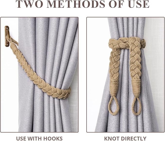 NICEEC 2 Pack Natural Cotton Rope Curtain Tiebacks Elegant Boho Style Decorative Drape Tie Backs Soft Hand-Woven Rope Curtain Holdbacks with Metal Hook for Home & Office Drapery (Khaki)