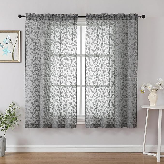 Chyhomenyc Charcoal Grey Sheer Curtains 54 Inch Length for Living Room 2 Panels Set, Light Filtering Tufted Textured Soft Airy Rod Pocket Leaf Window Treatment Drapes for Bedroom, 42" Wx54 L, 2PCS