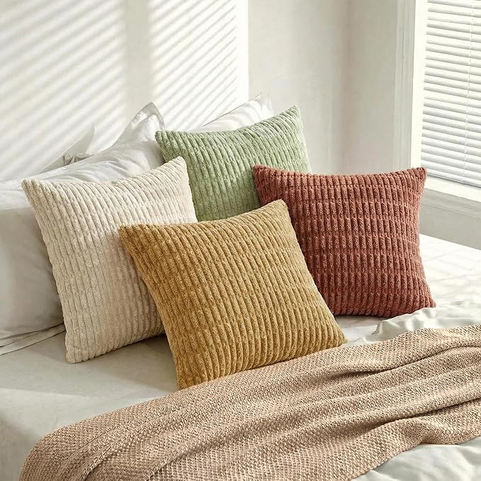 Fancy Homi 4 Packs Fall Decorative Throw Pillow Covers 16x16 Inch for Living Room Couch Bed Sofa, Rustic Farmhouse Boho Home Decor, Soft Plush Striped Corduroy Square Cushion Case 40x40 cm
