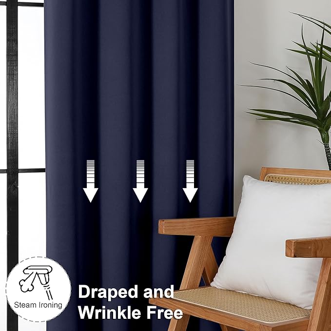Simplebrand Ava Navy Blue Blackout Curtains for Bedroom 63 Inch Length 2 Panels, Solid Thermal Insulated Energy Saving Rod Pocket Window Treatment Curtains Blackout Drapes, W40 x L63 Inch, Navy Blue