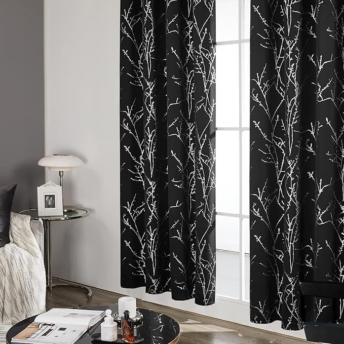 Deconovo Black Blackout Curtains, Thermal Insulated Soundproof Privacy Curtain Drapes, Branch Foil Print, 42 x 72 Inch Long, 2 Panels, Machine‑Washable Window Panel for Bedroom Living Room Office Home