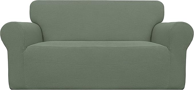 Easy-Going Stretch Loveseat Slipcover 1-Piece Sofa Cover Furniture Protector Couch Soft with Elastic Bottom for Kids Polyester Spandex Jacquard Fabric Small Checks (Loveseat, Greyish Green)