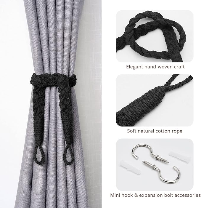 NICEEC 2 Pack Natural Cotton Rope Curtain Tiebacks Elegant Boho Style Decorative Drape Tie Backs Soft Hand-Woven Rope Curtain Holdbacks with Metal Hook for Home & Office Drapery (Black)