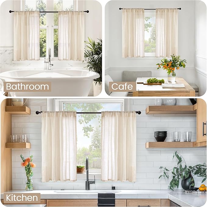 BGment Linen Natural Curtains 40 Inch Length for Short Window - Rod Pocket Small Drapes Light Filtering for Cafe Bedroom Semi Sheer Lightweight Burlap Rustic, 2 Panels Set, 30 X 40 Inch