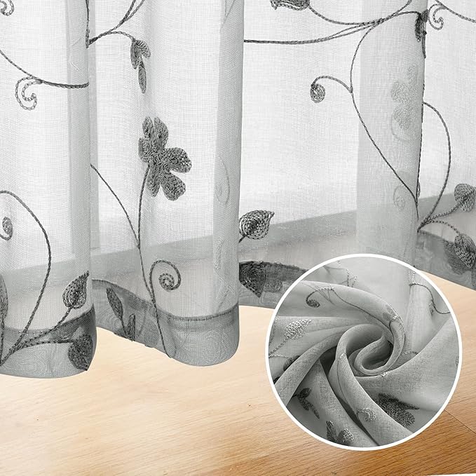HOMEIDEAS Grey Sheer Curtains 63 Inches Long 2 Panels Embroidered Floral Pattern Semi Sheer Window Curtains for Bedroom Living Room