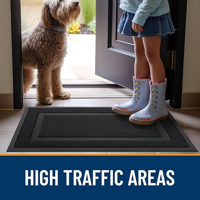 OLANLY Front Door Mat Indoor Outdoor Entrance, Waterproof All-Season, All-Weather Doormat, Sturdy Natural Rubber, Low Profile, Easy Clean Patio Porch Entryway Mat, 59x23, Jet Black
