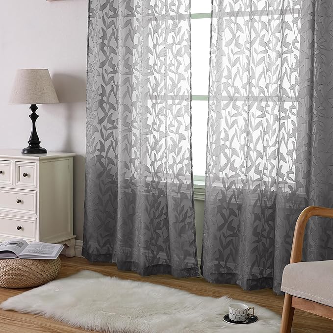 Lecloud Leia Jacquard Leaf Charcoal Grey Sheer Curtains for Living Room 54 Inch Length 2 Panels, Lightweight Clip Textured Voile Gray Bedroom Curtain & Drapes with Dual Rod Pockets, 38x54 Inches