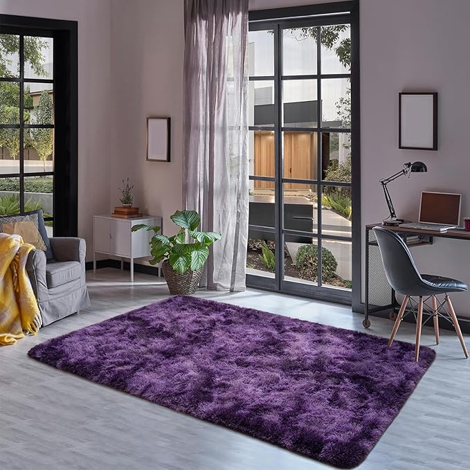 Goideal Fluffy Rug for Bedroom Living Room, 3x5 Purple Area Rugs, Faux Fur Shag Modern Carpet Ultra Soft Girls Boys Room Home Decor, Tie-Dyed