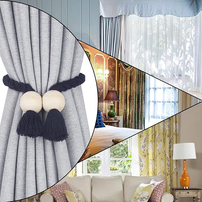2 Pack Magnetic Curtain Tiebacks Cotton Hand Woven Tie Back Decorative Rope Holdbacks for Curtains Draperies No Tools Required, Navy