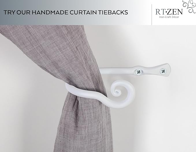 RTZEN Decorative Metal Curtain Tiebacks - Farmhouse Wrought Iron Curtain Holdbacks - Drapery Holders for Wall - Unique Metal Tie Backs for Curtains - 2 Pcs (White Classic)