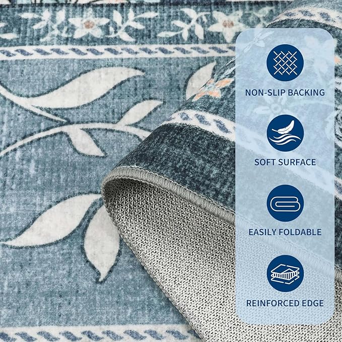 GarveeHome Provence Misty Blue 6x9 Area Rugs, Botanical Grove Vintage Cottagecore Non-Slip Washable Rug for Bedroom Living Room Nursery Kitchen Low-Pile Carpet