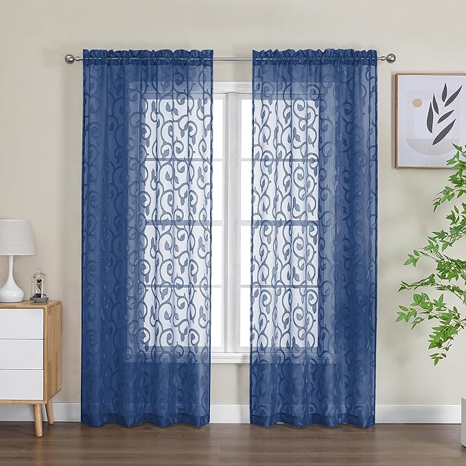 OWENIE Furman Sheer Curtains 72 inches Long 2 Panels Set, Light Filtering Top Rod Pocket Semi Sheer Door Curtains, Geometric Jacquard Clip Design for Bedroom Living Room, Blue 40Wx72L inch
