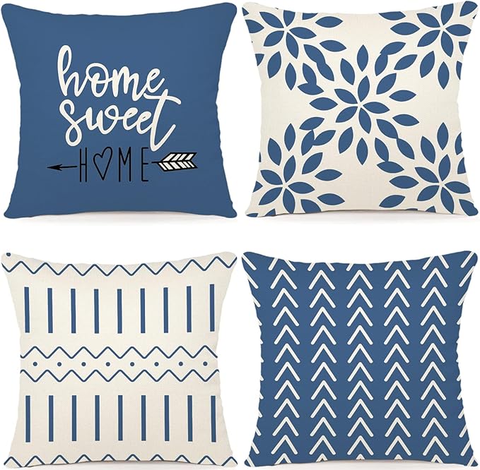 YCOLL Pillow Covers 18x18 Set of 4, Modern Sofa Throw Pillow Cover, Decorative Outdoor Linen Fabric Pillow Case for Couch Bed Car，Light Blue
