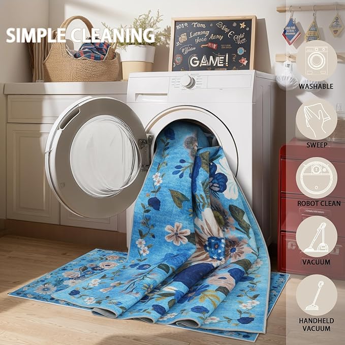 Rug for Hallways Kitchen Rug 2x8, Non Slip Washable Rugs with Rubber Backing Soft Floral Carpet Runner for Hallways, Kitchen, Laundry, Bedroom, Bathroom (2 x 8, Blue Garden)
