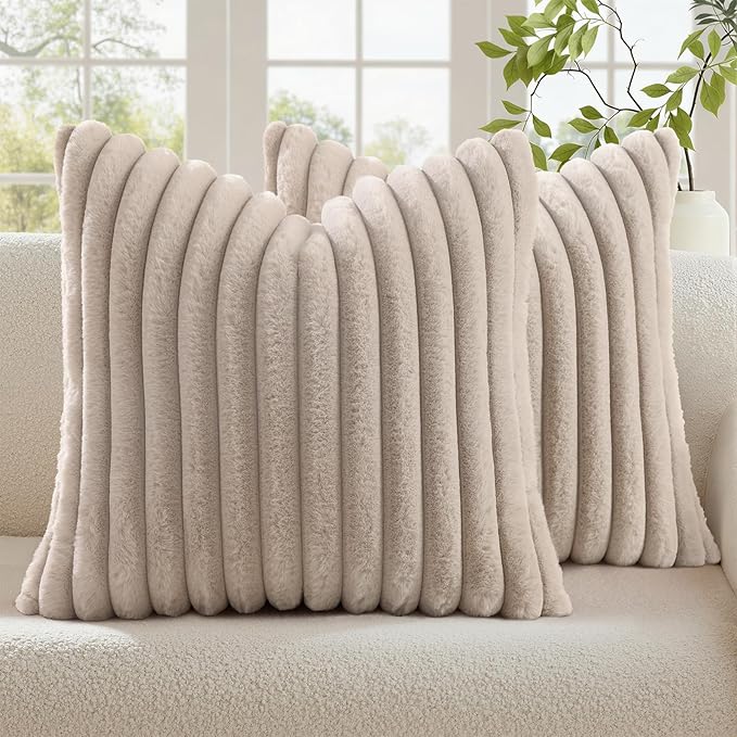 decorUhome Cozy Faux Fur Throw Pillow Covers 22x22 Set of 2 Decorative Soft Plush Striped Modern Farmhouse Boho Couch Euro Sham Pillow Cases with Velvet Back for Sofa Bed Living Roomr, Tan
