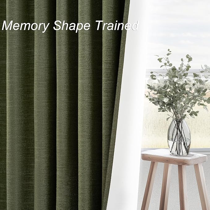 Topfinel Olive Green 63 Inch Long Linen Blackout Curtains 2 Panels Set Thermal Insulated Heat Blocking Curtain for 62-64 Inch Window Vintage Drapes for Bedroom Hooks&Rings&Back Tab (52W x 63L)