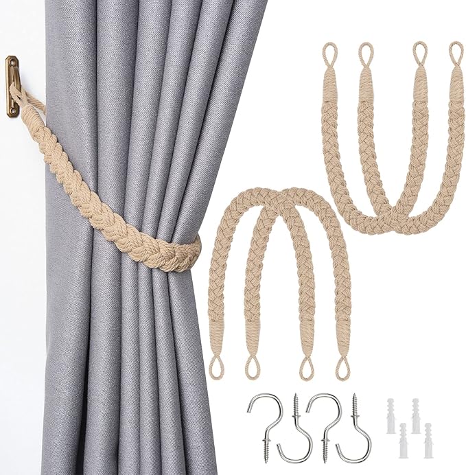 NICEEC 4 Pack Natural Cotton Rope Curtain Tiebacks Elegant Boho Style Decorative Drape Tie Backs Soft Hand-Woven Rope Curtain Holdbacks with Metal Hook for Home & Office Drapery (Dark Beige)