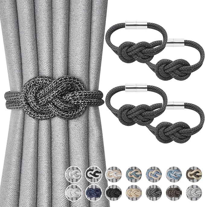 NICEEC 4 Pack Mini Magnetic Curtain Tiebacks Nordic Simple Style Drape Tie Backs Elegant Hand Weave Rope Knot Decorative Curtain Holdbacks for Home & Office Thin Window Drapery (Dark Grey)