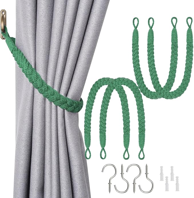 NICEEC 4 Pack Natural Cotton Rope Curtain Tiebacks Elegant Boho Style Decorative Drape Tie Backs Soft Hand-Woven Rope Curtain Holdbacks with Metal Hook for Home & Office Drapery (Green)