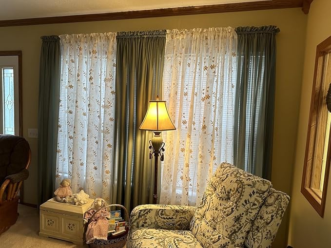 HOMEIDEAS Yellow Sheer Curtains 84 Inches Long 2 Panels Yellow and White Embroidered Floral Pattern Semi Sheer Window Curtains for Bedroom Living Room