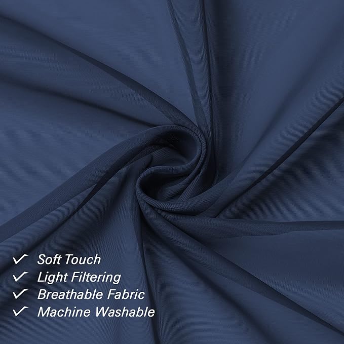 Lecloud Navy Blue Sheer Curtains 63 Inch Long 2 Panels, Elegant Voile Drapes for Dinning Small Windows, Light Filtering Voile Curtain for Living Room Bedroom Bathroom, Dual Rod Pocket, 40" Wx63 L