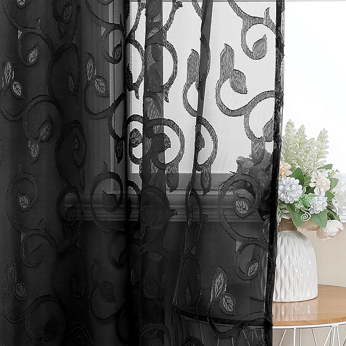 OWENIE Furman Extra Long Sheer Black Curtains 96 inches Long for Bedroom Living Room 2 Panels Set, Light Filtering Soft Semi Sheer Jacquard Clip Farmhouse Curtains Rod Pocket Design, 52Wx96L inch