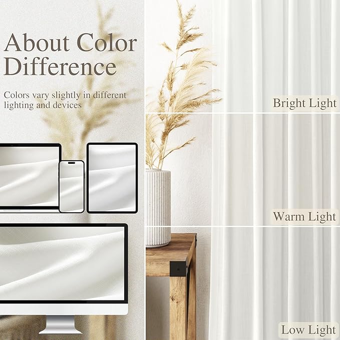 Nanspring Ivory Curtains 80 Inches Length for Living Room Back Tab Rod Pocket Semi Sheer Linen Drapes Muted Neutral Boho Off White Linen Textured Window Curtain for Dining Room 52X80 Inches