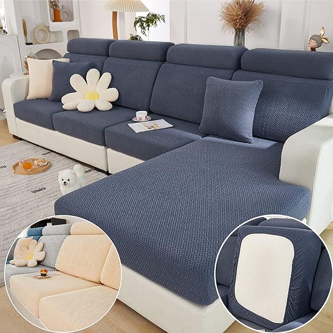 Couch Cushion Covers for Sofa Couch Covers Wear-Resistant Universal Sofa Cover Washable Stretch for Sectional Slipcovers (Texture-Gray Blue,Large Triple Seat Cover)