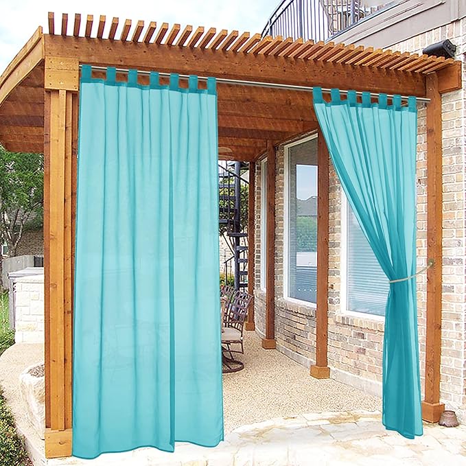 RYB HOME Outdoor Sheer Curtains for Patio Waterproof, Detachable Top Breathable Translucent Indoor Outdoor Voile Draperies for Porch Terrace Verandas, 54" Wide, 84" Long, 1 Piece with 1 Rope, Teal