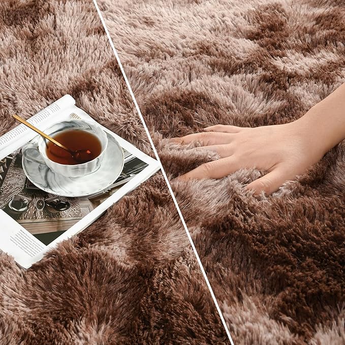 Deerhoo Large Shag Area Rugs 8 x 10, Tie-Dyed Plush Fuzzy Rugs for Living Room, Ultra Soft Fluffy Furry Rug for Bedroom, Indoor Carpet Nursery Rugs for Kids Room Home Decor, Coffee