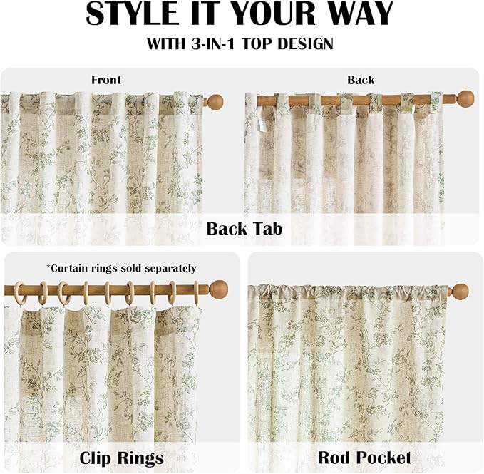 Lazzzy Farmhouse Linen Curtains Extra Long Green Floral Curtains 108 Inch Length Back Tab Drapes for Living Room Bedroom Light Filtering Country Vintage Rod Pocket, 2 Panels, Green on Beige
