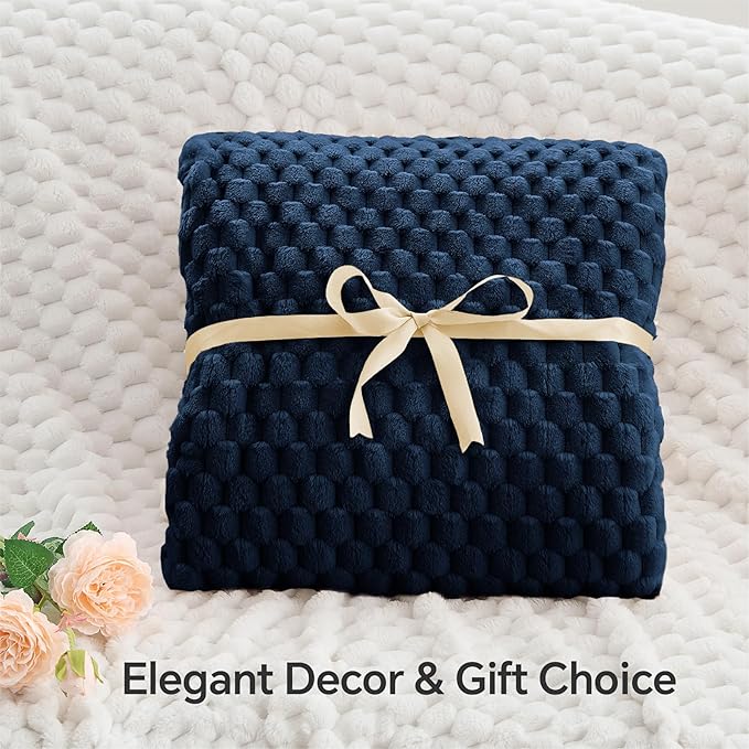 BEDELITE Fleece Blanket - 3D Jacquard Decorative Navy Queen Size Blankets for Bed, Soft and Cozy Warm Plush Fluffy Blanket All Seasons Suitable, 90x90Inches